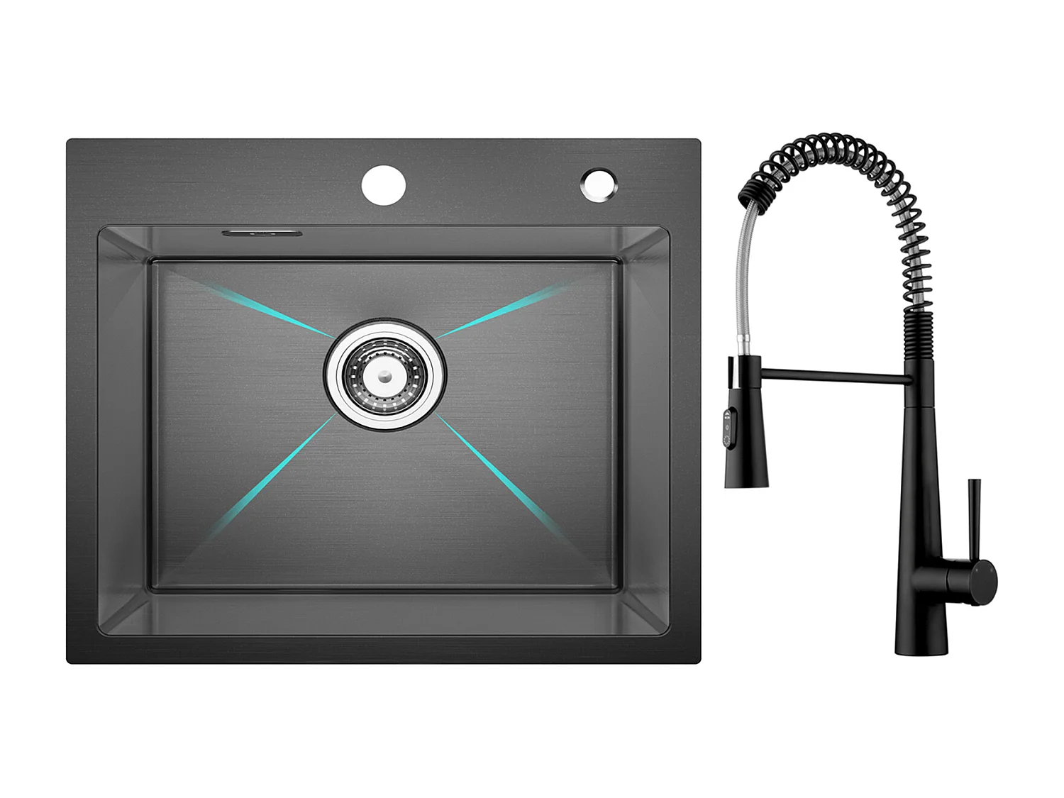 Cecipa max Lavello in Acciaio Inox Lavello 1 Vasca 50×45 cm Lavello da Cucina Nanometri Nero + Miscelatore Cucina a Molla con 3 Modalità di Uscita Acqua, Nero