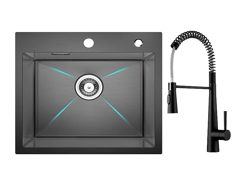 Cecipa max Lavello in Acciaio Inox Lavello 1 Vasca 50×45 cm Lavello da Cucina Nanometri Nero + Miscelatore Cucina a Molla con 3 Modalità di Uscita Acqua, Nero