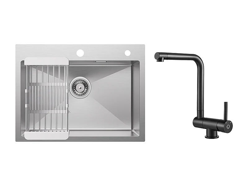 Évier Cuisine 1 Bac 60×45×18CM Évier Inox Brossé avec Panier de Drainage + Mitigeur de Cuisine Rabattable Noir