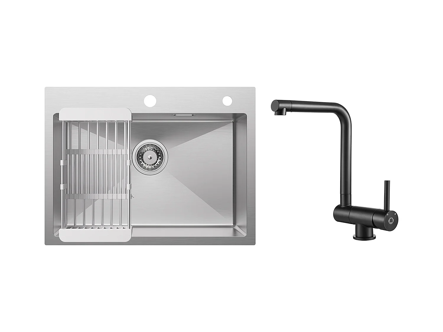 Évier Cuisine 1 Bac 60×45×18CM Évier Inox Brossé avec Panier de Drainage + Mitigeur de Cuisine Rabattable Noir