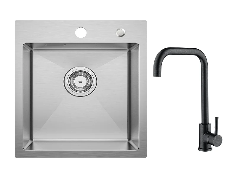 Lavello Cucina Cecipa MAX 1 Vasca 40×45 cm Lavello Acciaio Inox Spazzolato + Miscelatore Cucina Acciaio Inox Nero Stellato con Bocca Alta e Curva