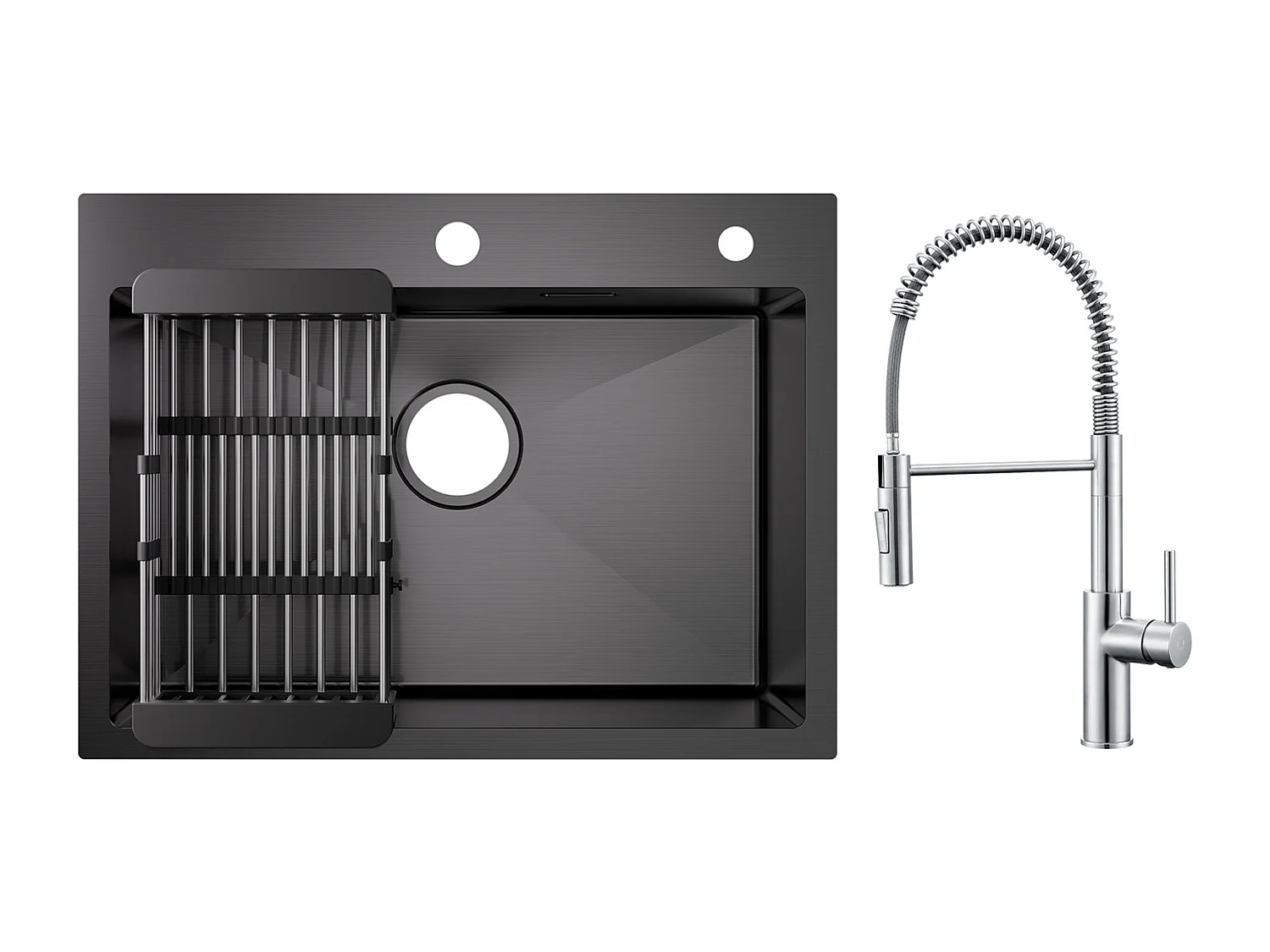 Cecipa max Évier de Cuisine 1 Cuve Inox 60×45×18 cm - Noir Évier 1 Bac avec Panier de Drainage + Mitigeur à Ressort Brossé avec Douchette Extractible