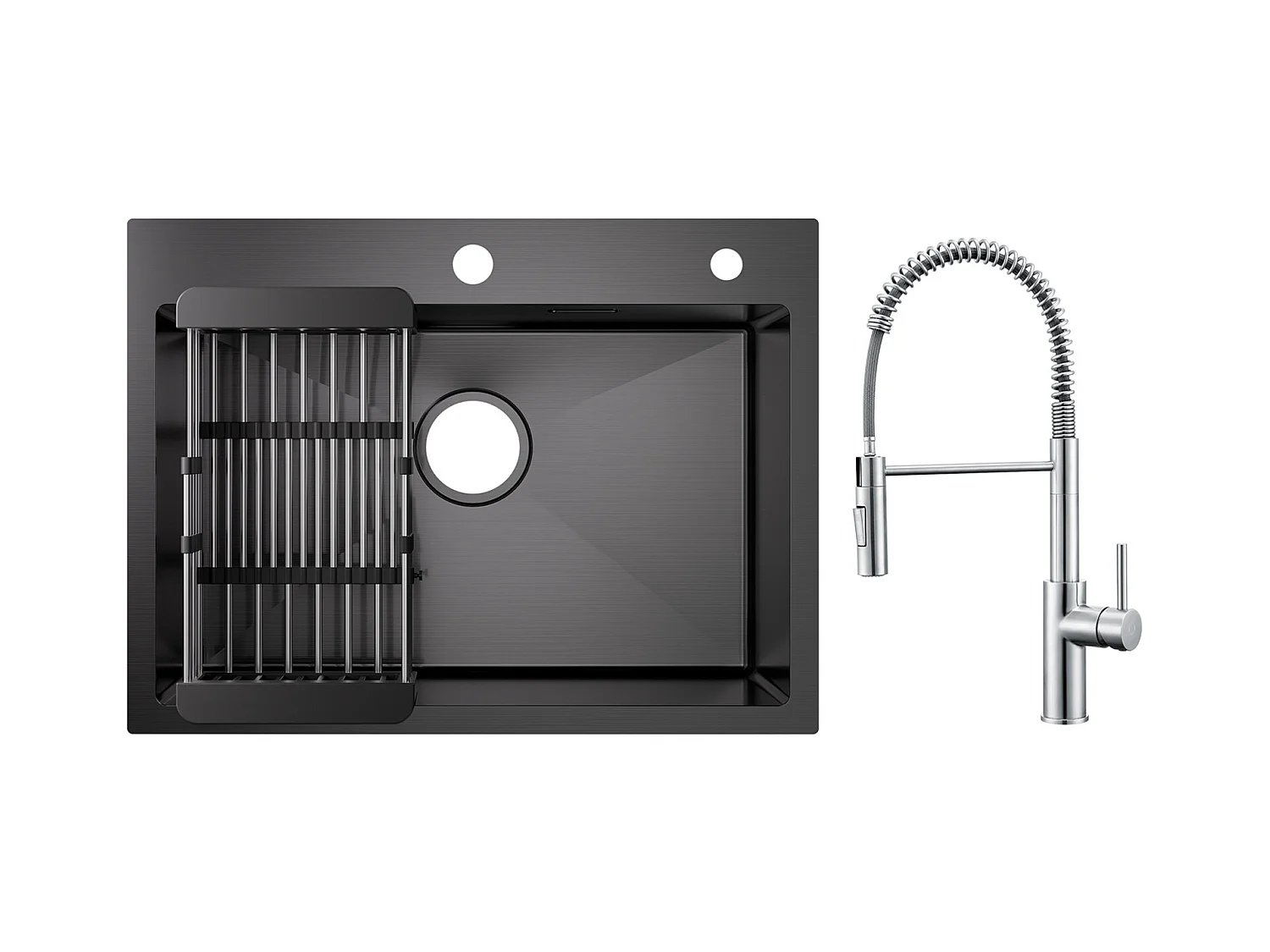Cecipa max Évier de Cuisine 1 Cuve Inox 60×45×18 cm - Noir Évier 1 Bac avec Panier de Drainage + Mitigeur à Ressort Brossé avec Douchette Extractible