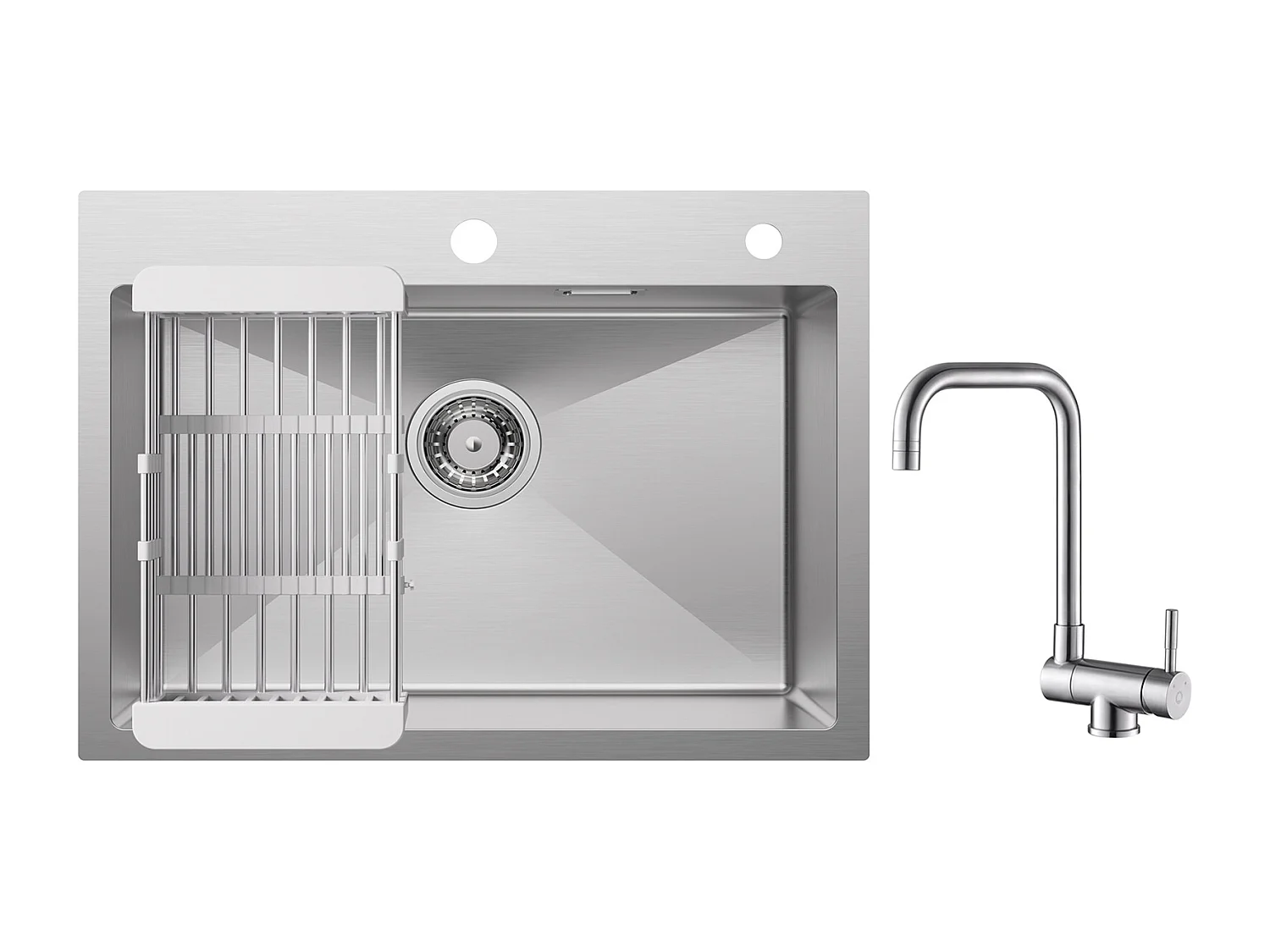 Cecipa max Évier Cuisine 1 Bac 60×45×18CM Évier Inox Brossé avec Panier de Drainage + Robinet Cuisine Rabattable Mitigeur de Evier Repliable Brossé