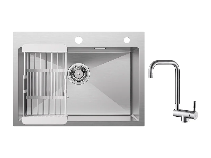 Cecipa max Évier Cuisine 1 Bac 60×45×18CM Évier Inox Brossé avec Panier de Drainage + Robinet Cuisine Rabattable Mitigeur de Evier Repliable Brossé