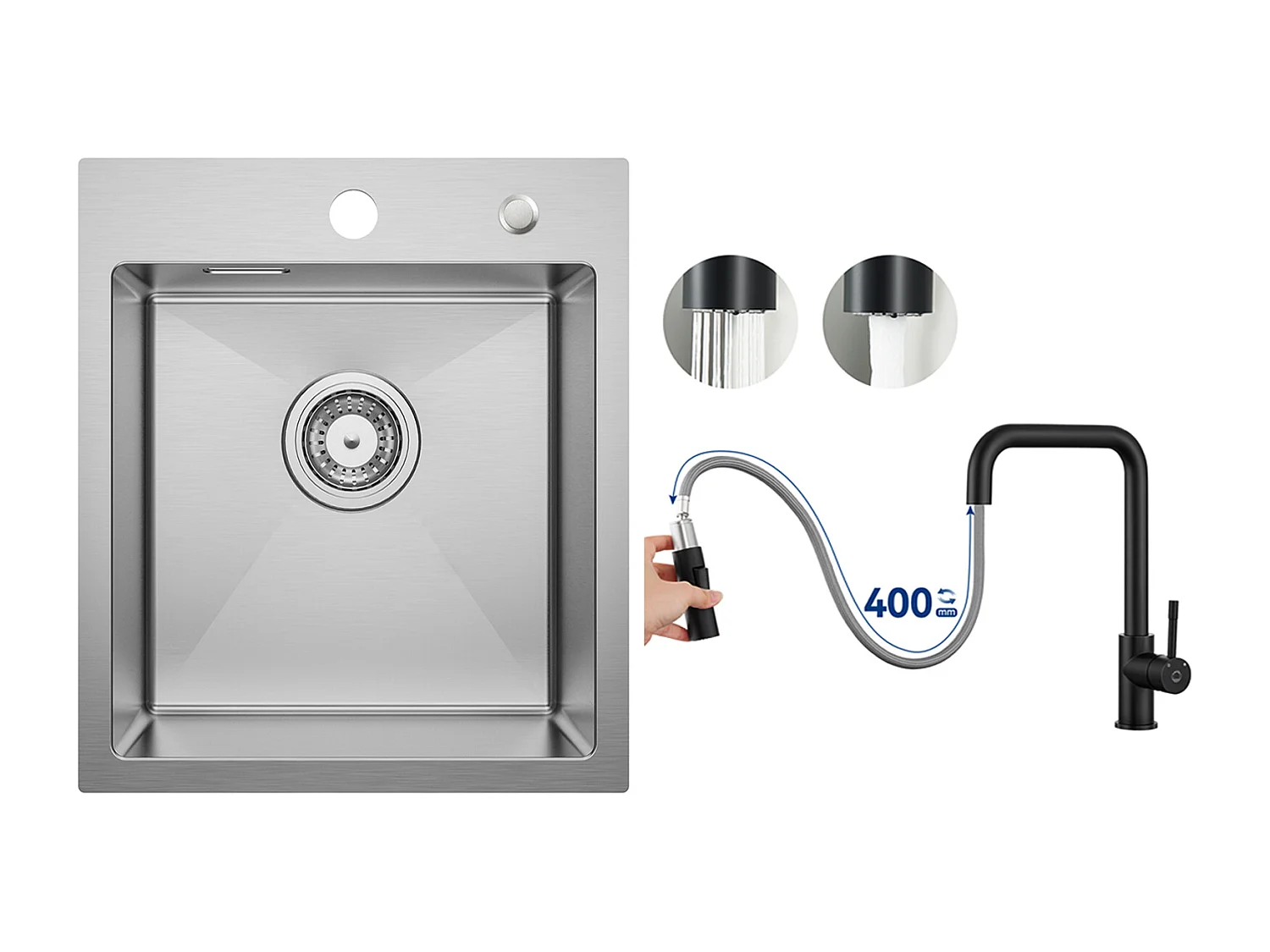 Cecipa MAX Évier Cuisine 1 Bac 40 × 45 cm Évier Inox Brossé + Mitigeur avec Douchette Extractible, Noir