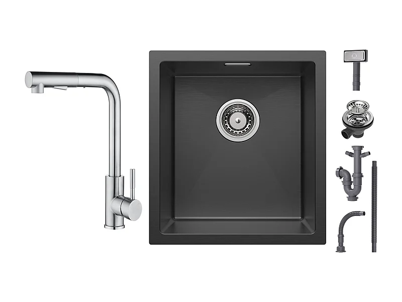 Cecipa max Inbouwspoelbak van roestvrij staal 40*44*19 cm - 1 kom Zwarte spoelbak + geborstelde keukenmengkraan met uittrekbare spray - 2 jets om uit te kiezen