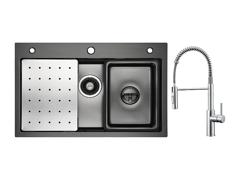 Cecipa max Évier 1 Bac 70×45CM Noir avec Egouttoir, Vasque et Distributeur de Savon + Mitigeur de Cuisine à Ressort Brossé avec Douchette Extractible