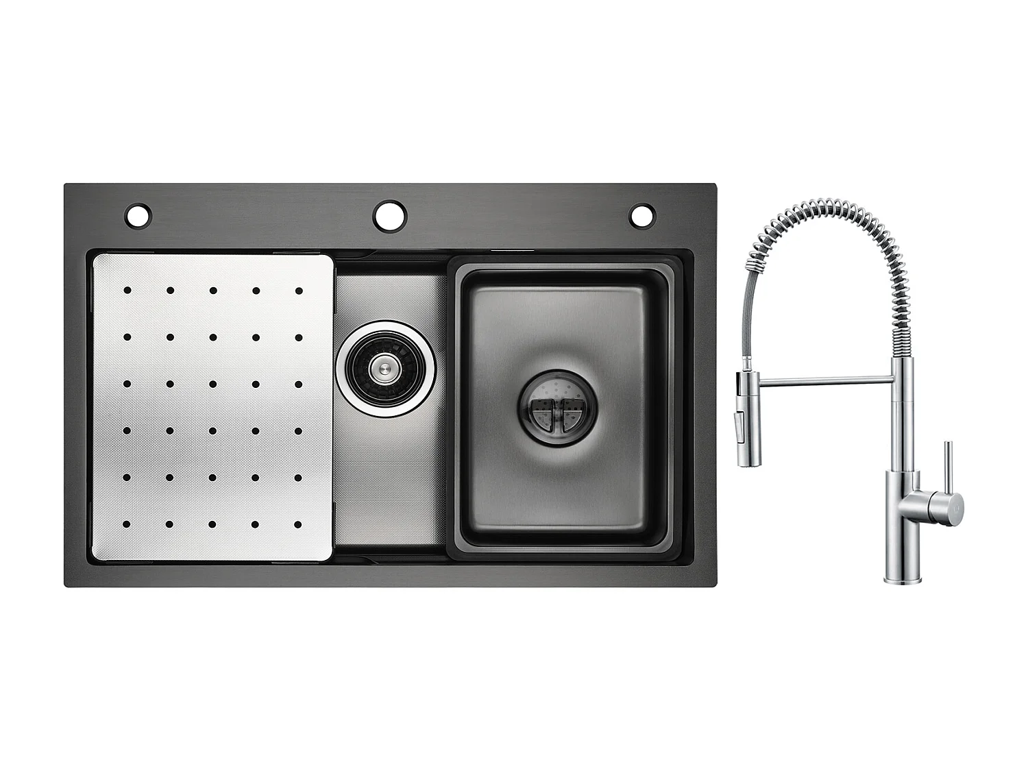 Cecipa max Évier 1 Bac 70×45CM Noir avec Egouttoir, Vasque et Distributeur de Savon + Mitigeur de Cuisine à Ressort Brossé avec Douchette Extractible