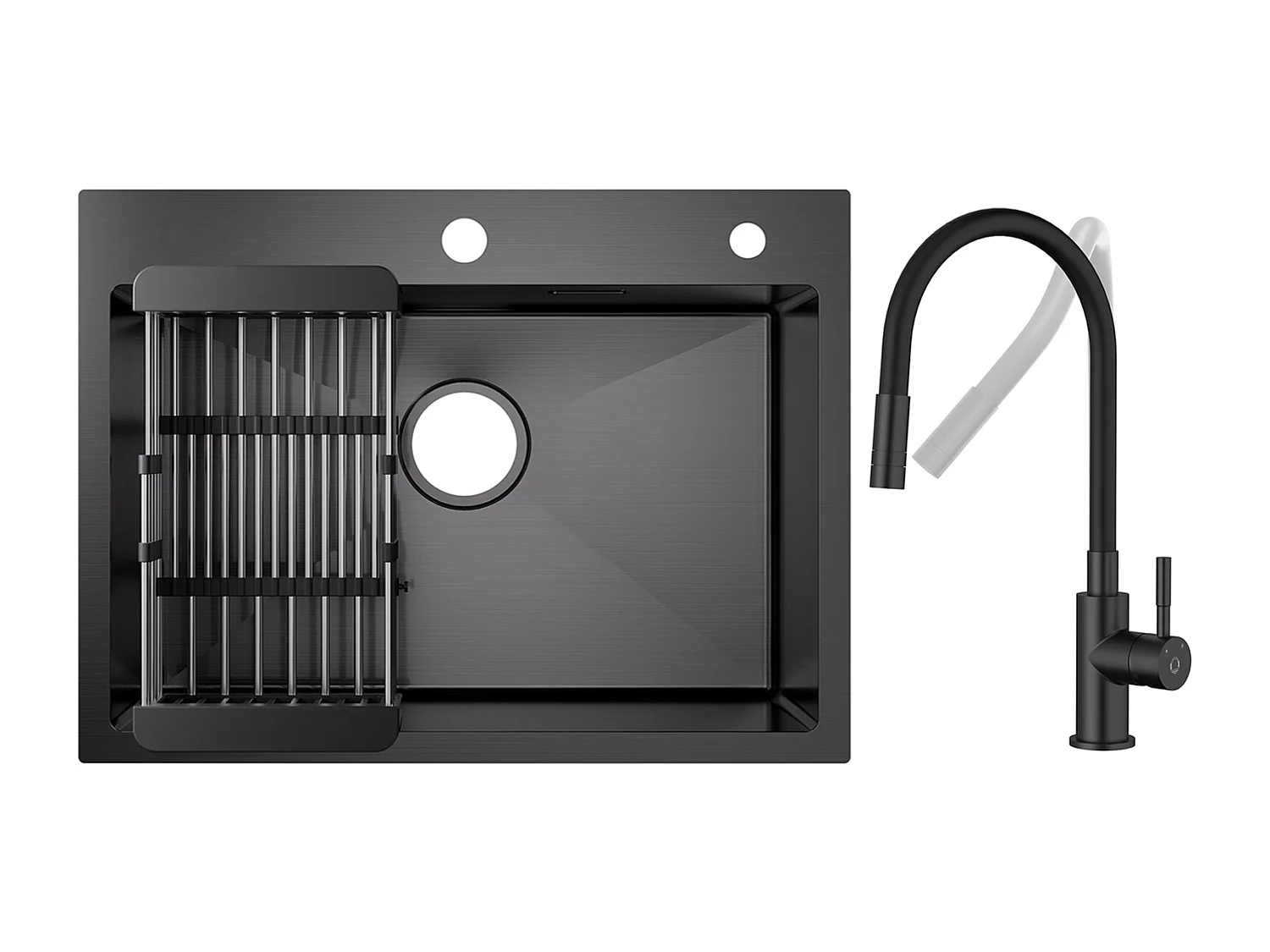 Évier de Cuisine Inox 60×45cm, Évier 1 Bac avec Panier de Drainage + Flexible Mitigeur de Cuisine, 2 Types de Jets  Robinet Extractible Noir