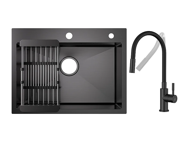 Évier de Cuisine Inox 60×45cm, Évier 1 Bac avec Panier de Drainage + Flexible Mitigeur de Cuisine, 2 Types de Jets  Robinet Extractible Noir