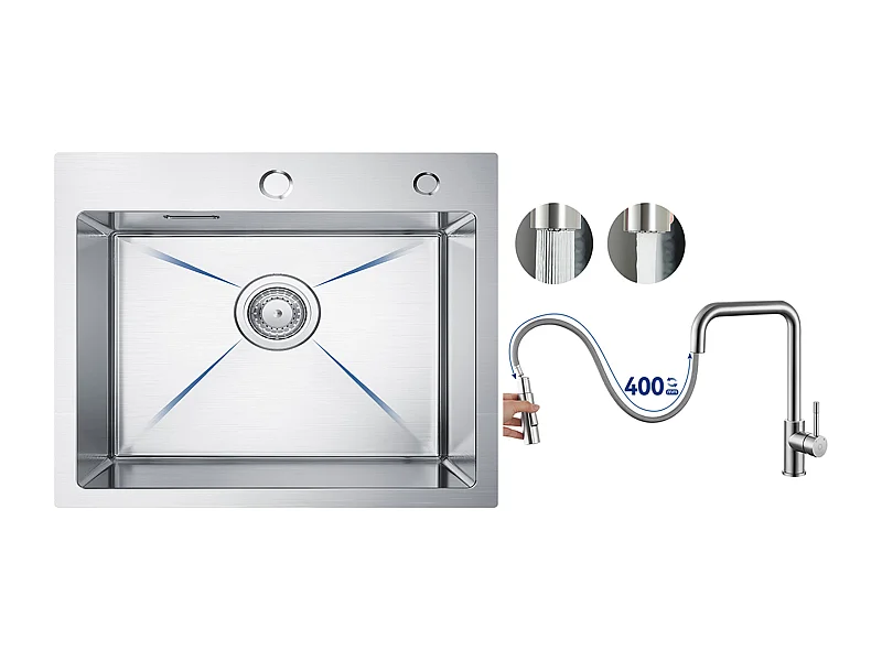 CECIPA MAX Einzelbecken-Küchenspüle 50×45×18,5 cm, Spüle aus gebürstetem Edelstahl + Mischbatterie mit ausziehbarer Brause, gebürstet