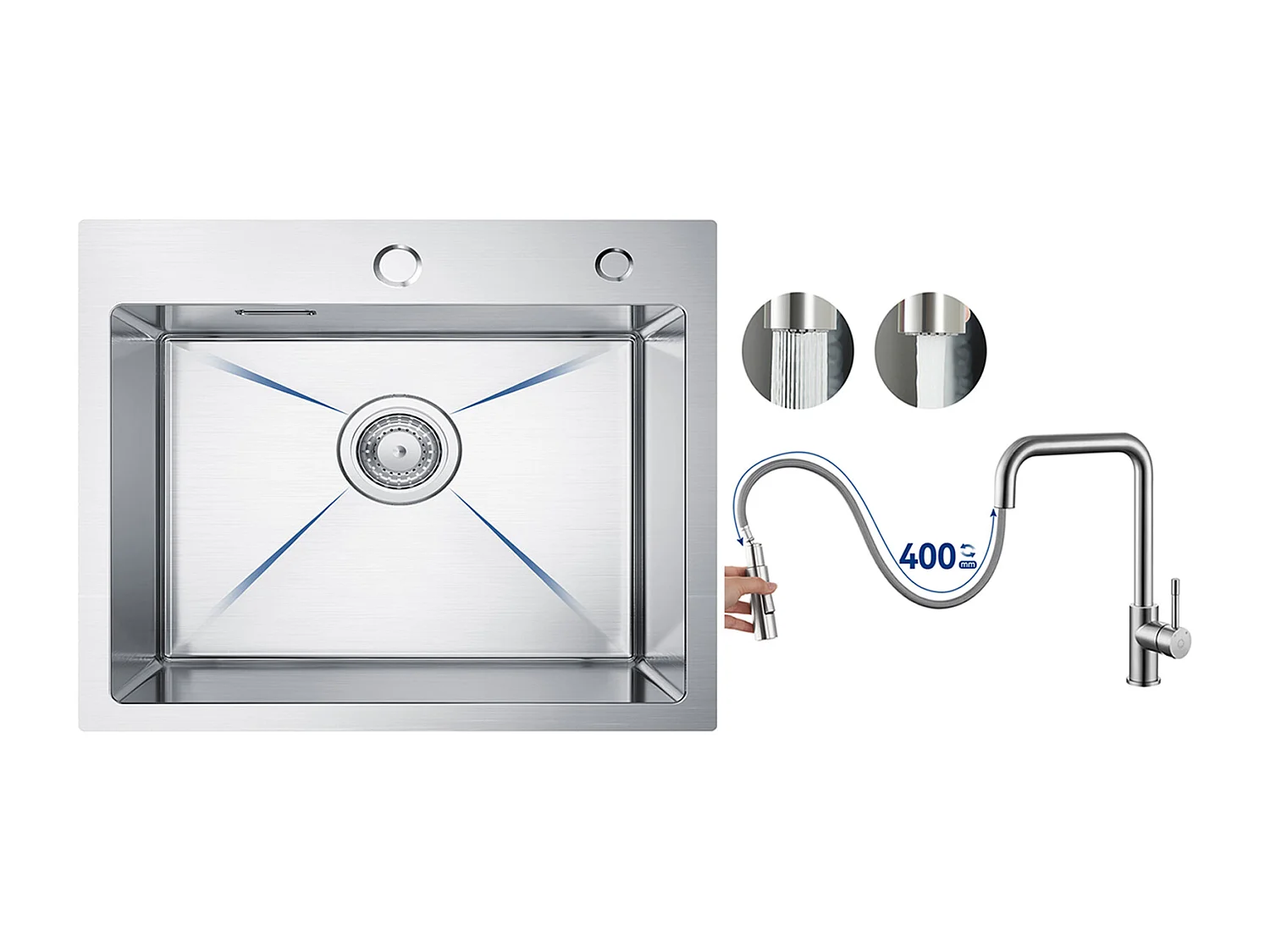 CECIPA MAX Évier Cuisine 1 Bac 50×45×18.5CM Évier Inox Brossé + Mitigeur avec Douchette Extractible, Brossé