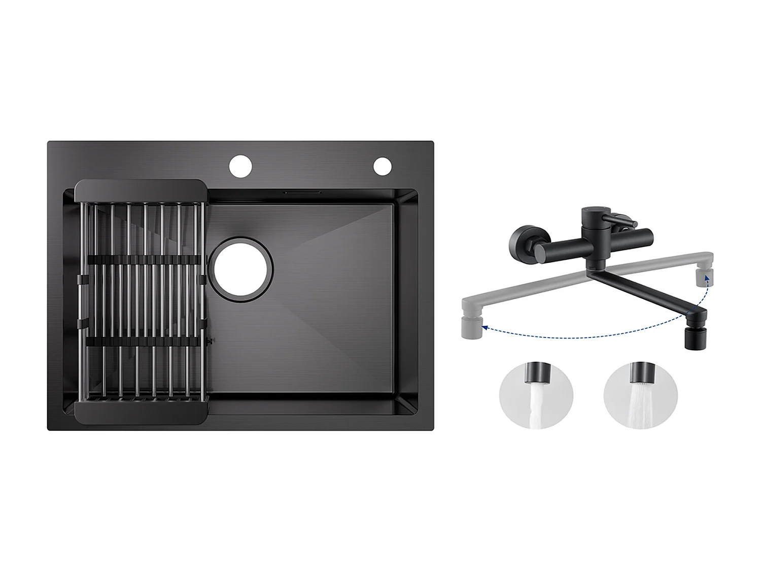 Évier Cuisine 1 Bac 60×45×18CM Évier Inox Noir avec Panier de Drainage + Mitigeur de Cuisine Mural avec 2 Jets Noir