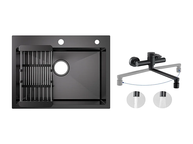 Lavello da cucina a 1 vasca 60×45×18 cm Lavello in acciaio inox nero con cestello di scarico + Miscelatore da cucina a parete con 2 getti Nero