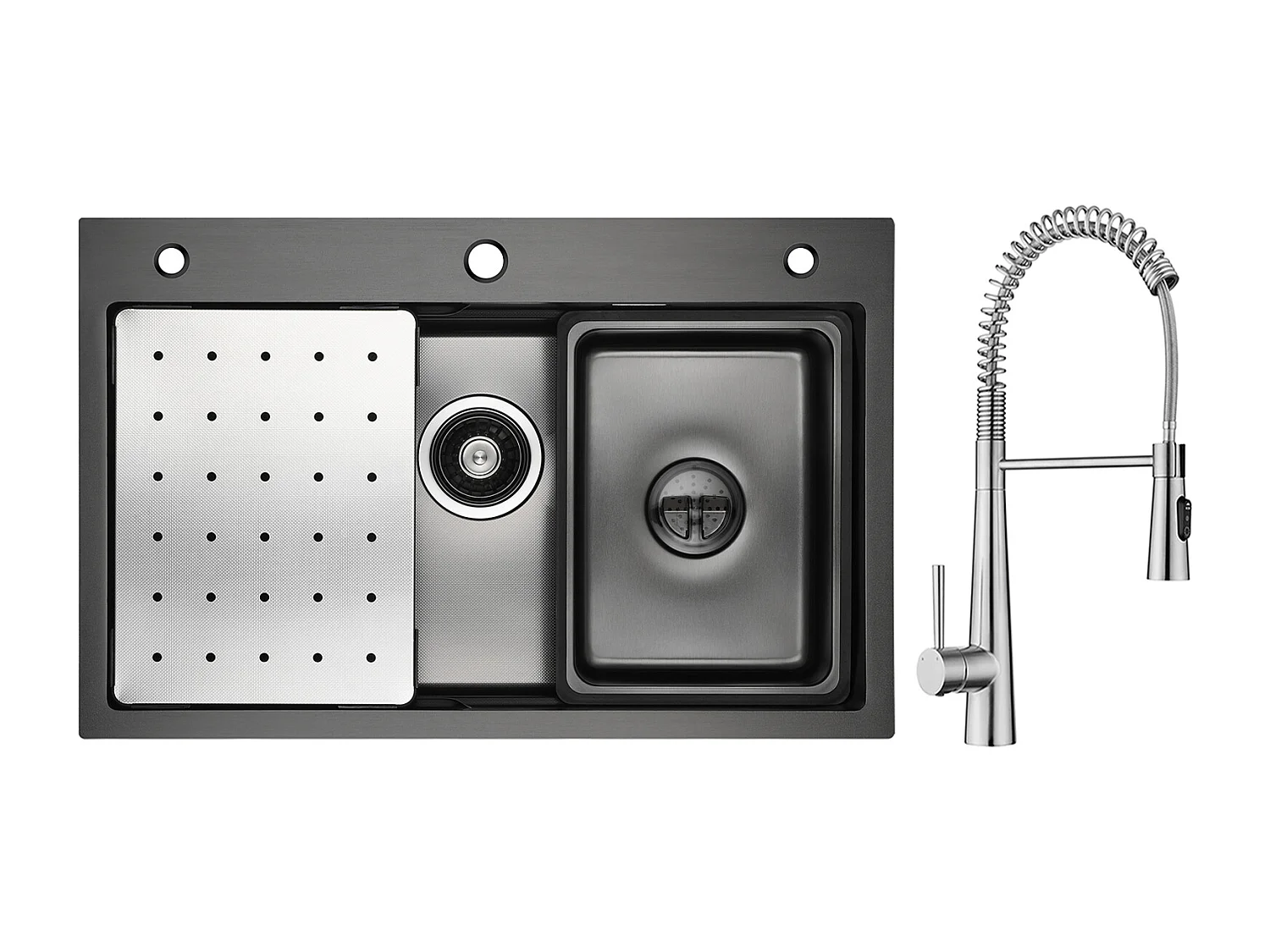 Cecipa max Évier 1 Bac 70×45cm avec Egouttoir, Vasque et Distributeur de Savon + Mitigeur de Cuisine à Ressort avec 3 Modes de Sortie D'eau, Brossé