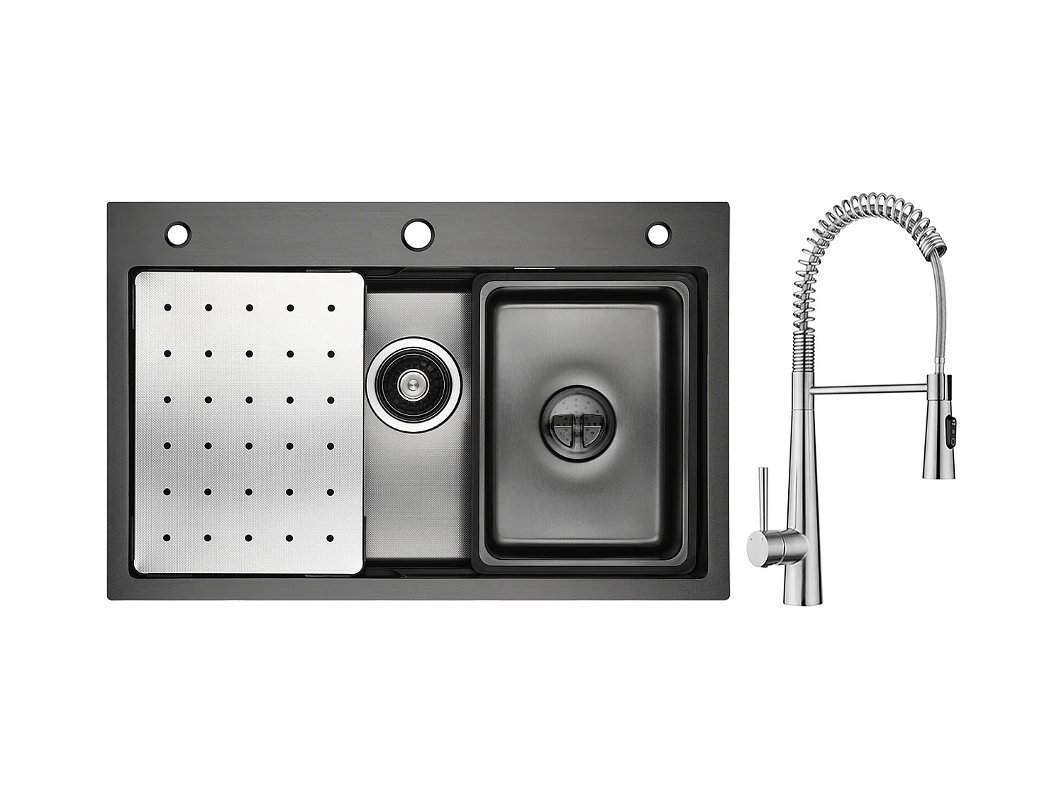 Fregadero Cecipa max 1 seno 70×45cm con escurridor, lavabo y dosificador de jabón + batidora de cocina de resorte con 3 salidas de agua, cepillado