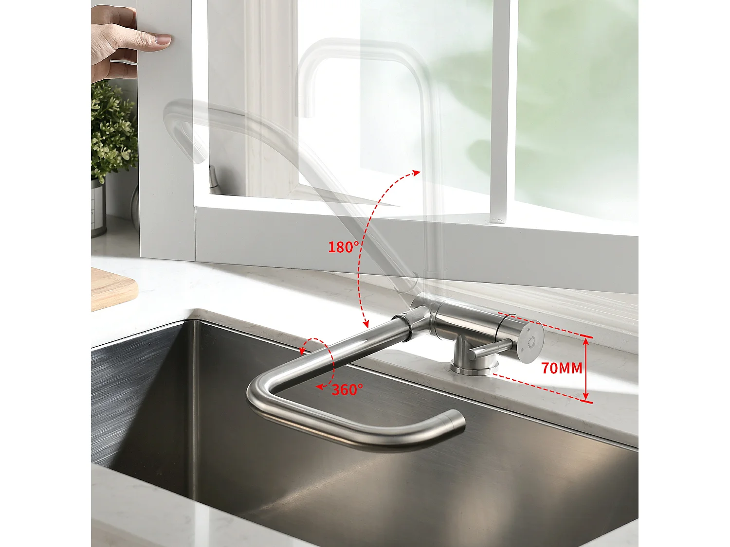 Cecipa max Évier de Cuisine 1 Bac 40x44cm - Évier Inox Encastré Brossé + Robinet Cuisine Rabattable Mitigeur Repliable en Inox devant Fenêtre Brossé