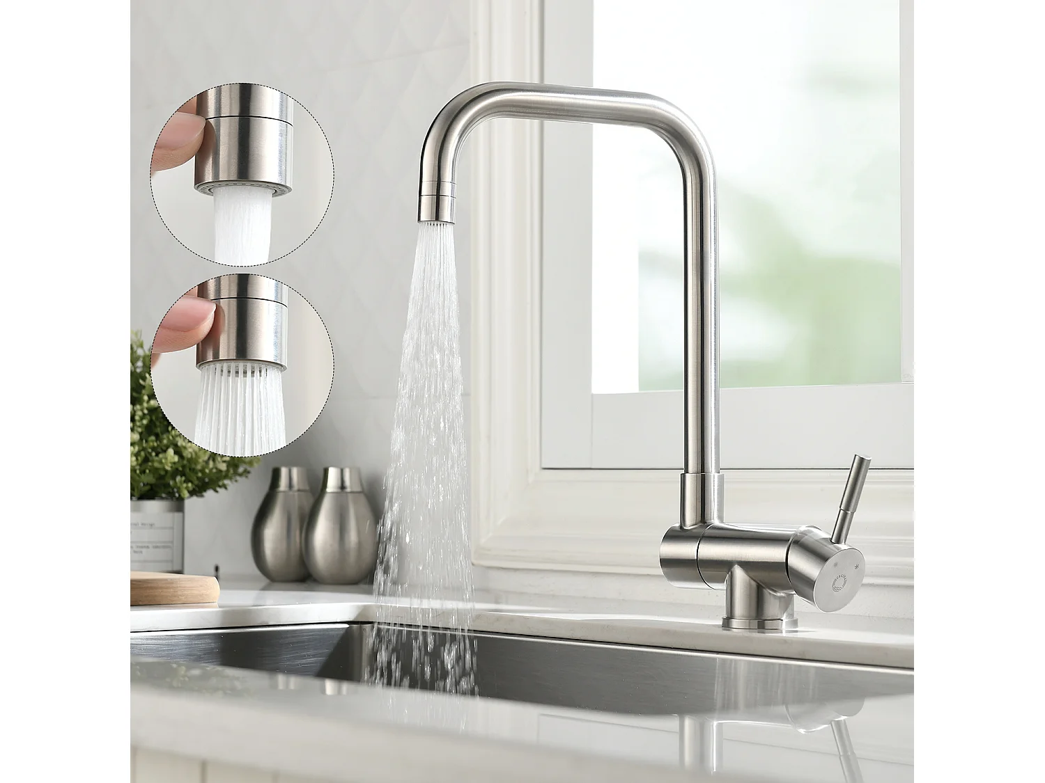 Cecipa max Évier de Cuisine 1 Bac 40x44cm - Évier Inox Encastré Brossé + Robinet Cuisine Rabattable Mitigeur Repliable en Inox devant Fenêtre Brossé