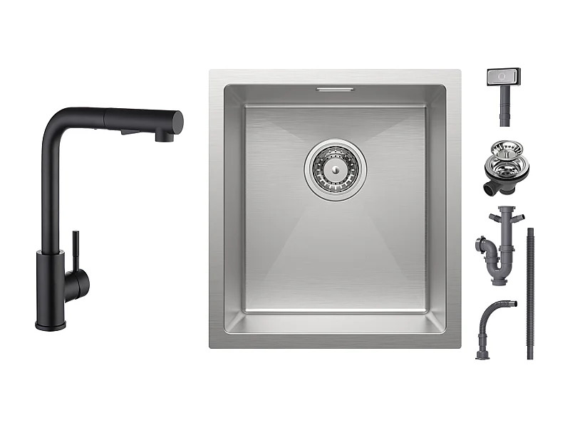 Cecipa max Évier de Cuisine 1 Bac 40x44cm - Évier Inox Évier Encastré Brossé + Mitigeur Cuisine Noir avec Douchette Extractible 2 Modes de pulvérisat