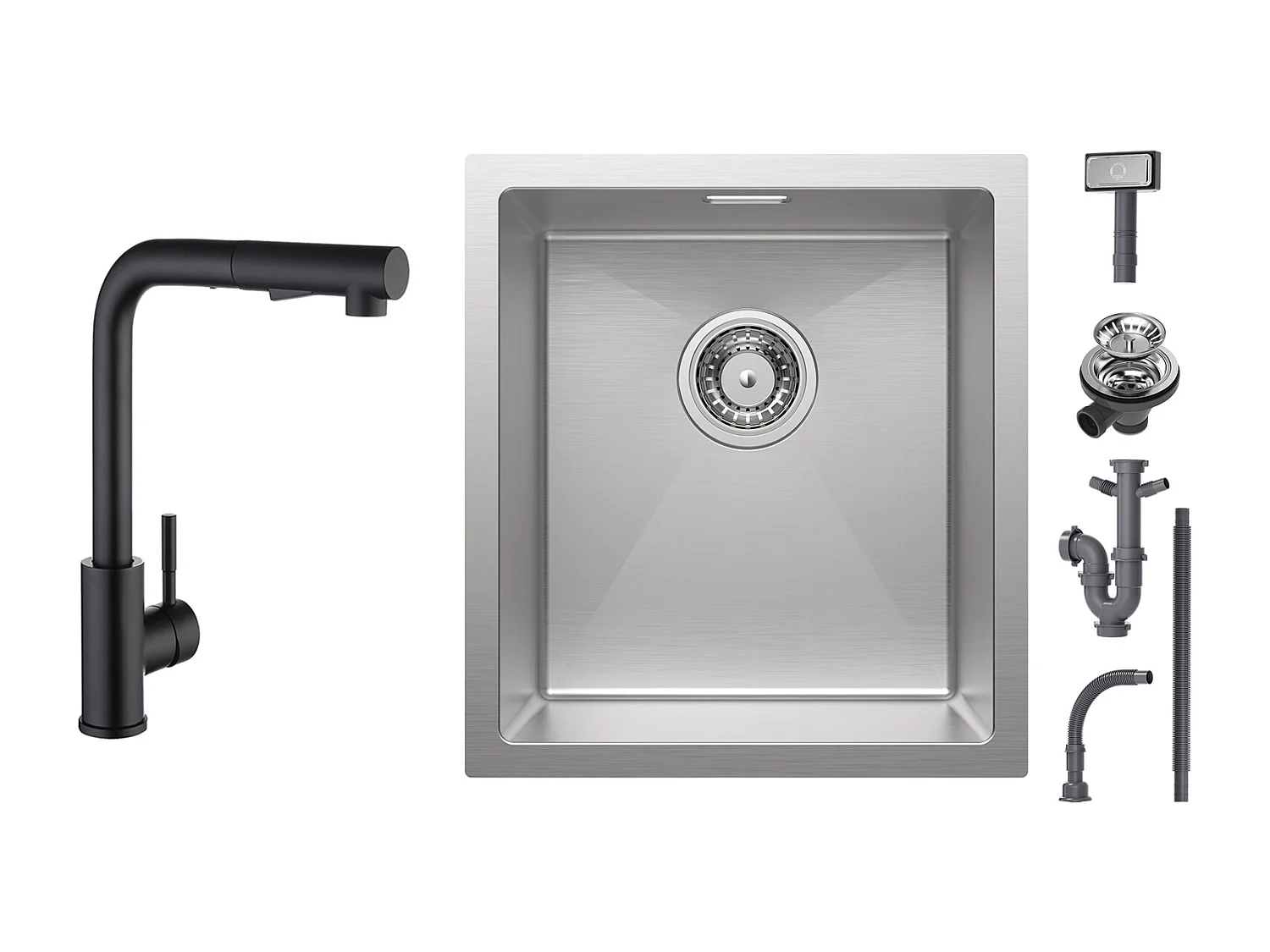 Cecipa max 1 Becken Küchenspüle 40x44cm - Edelstahlspüle gebürstet Einbauspüle + schwarze Küchenmischbatterie mit ausziehbarer Brause 2 Strahlarten