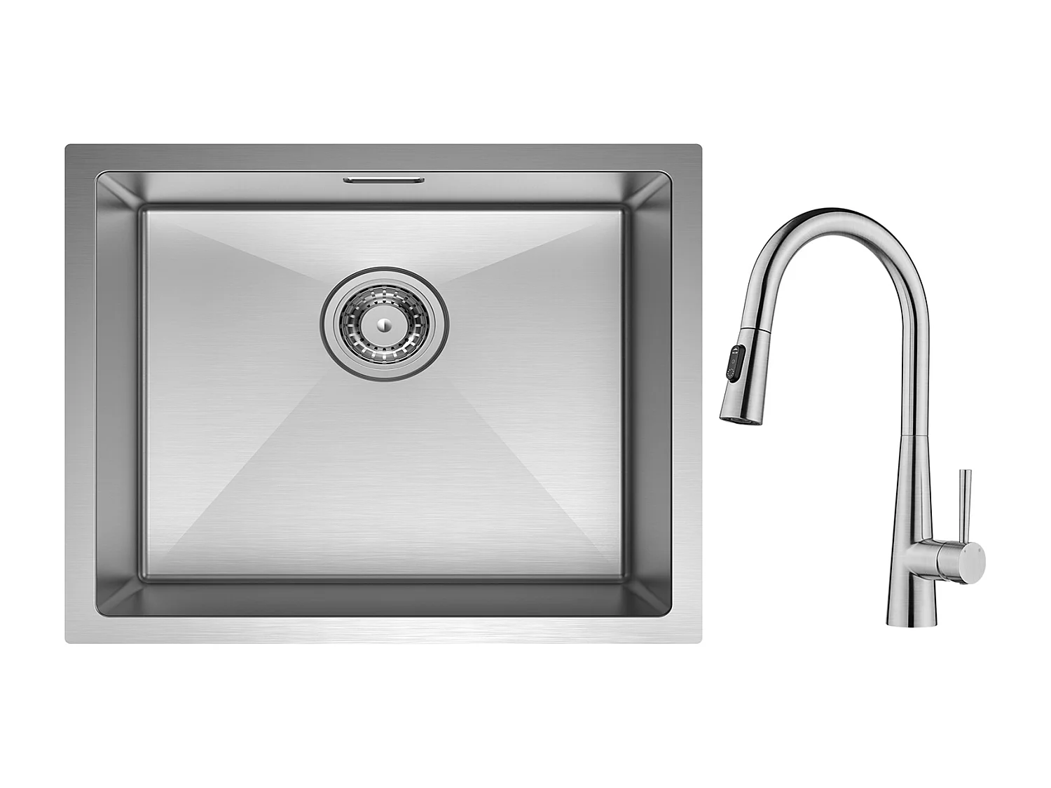 Cecipa max Einzelspüle 50 x 44 cm, Küchenspüle aus gebürstetem Edelstahl + Küchenmischbatterie mit ausziehbarer Brause – mit 3 Wasserauslassmodi – gebürstet