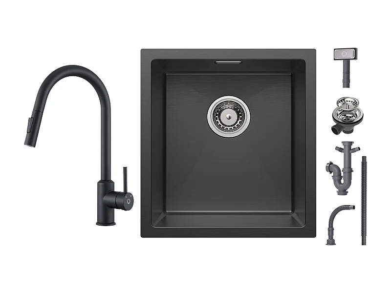 Cecipa max Évier Inox Encastré 40*44*19 cm - Évier de Cuisine 1 Bac Noir + Mitigeur de Cuisine avec Douchette Extractible - Noir - Rotatif à 360 °