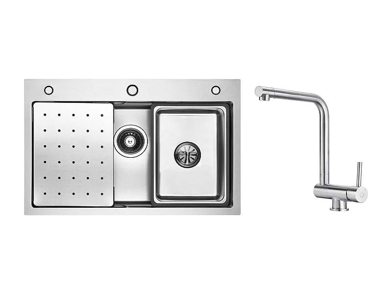 Évier 1 Bac 70×45×21.5CM Évier Inox Argent avec Egouttoir,Vasque, Distributeur de Savon + Mitigeur de Cuisine Rabattable Brossé