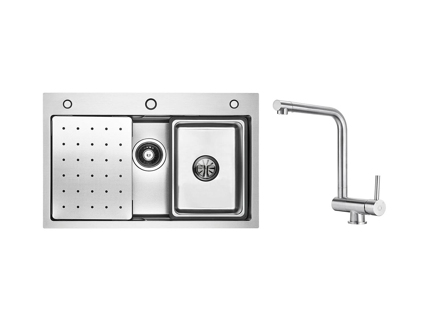 Évier 1 Bac 70×45×21.5CM Évier Inox Argent avec Egouttoir,Vasque, Distributeur de Savon + Mitigeur de Cuisine Rabattable Brossé