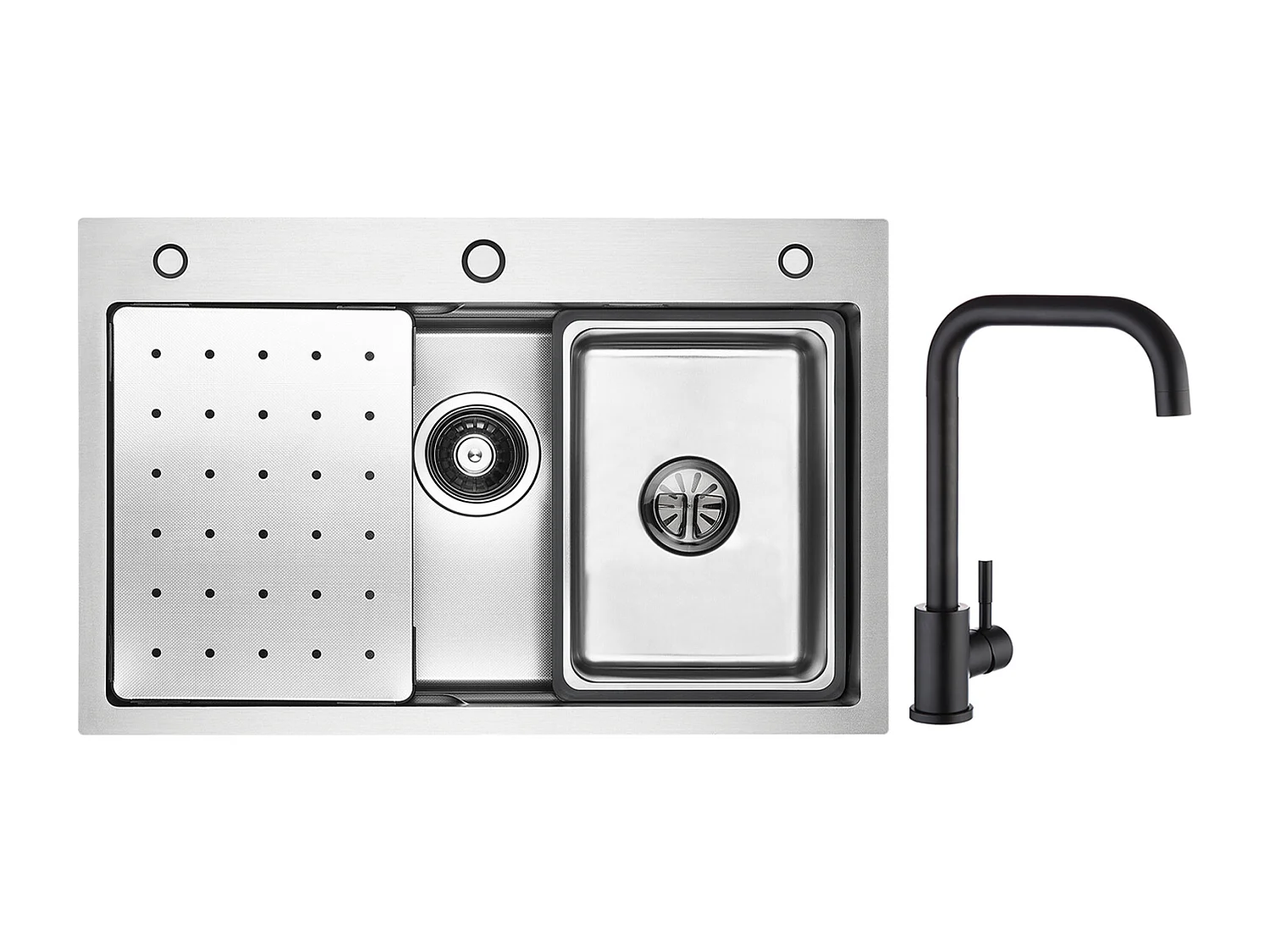 Évier 1 Bac 70×45×21.5CM Évier Inox Argent avec Egouttoir,Vasque, Distributeur de Savon + Mitigeur de Cuisine en Inox Noir