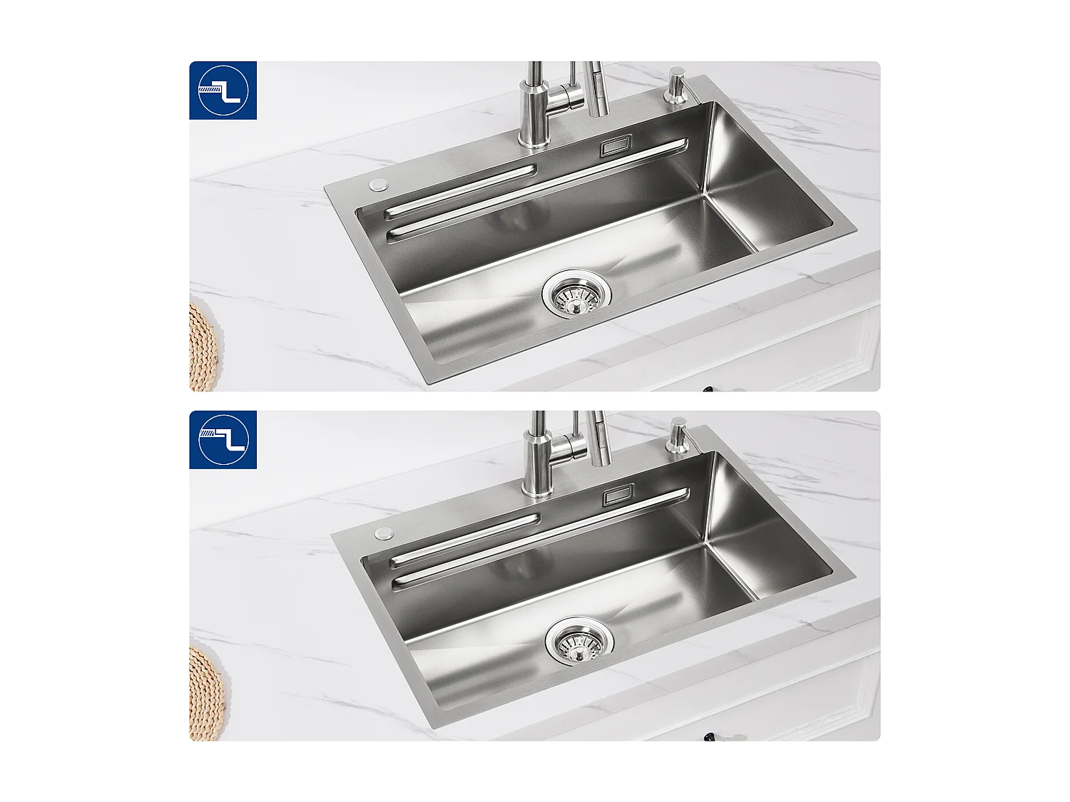 Évier 1 Bac 70×45×21.5CM Évier Inox Argent avec Egouttoir,Vasque, Distributeur de Savon + Mitigeur de Cuisine en Inox Noir