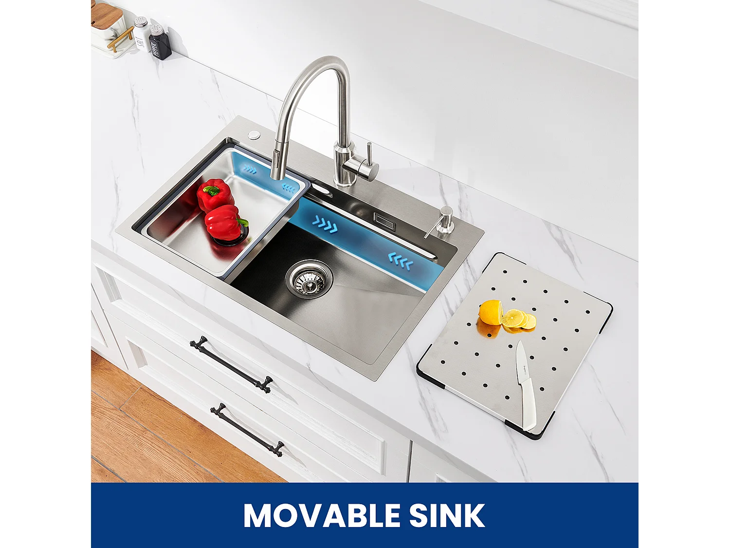 Évier 1 Bac 70×45×21.5CM Évier Inox Argent avec Egouttoir,Vasque, Distributeur de Savon + Mitigeur de Cuisine en Inox Noir