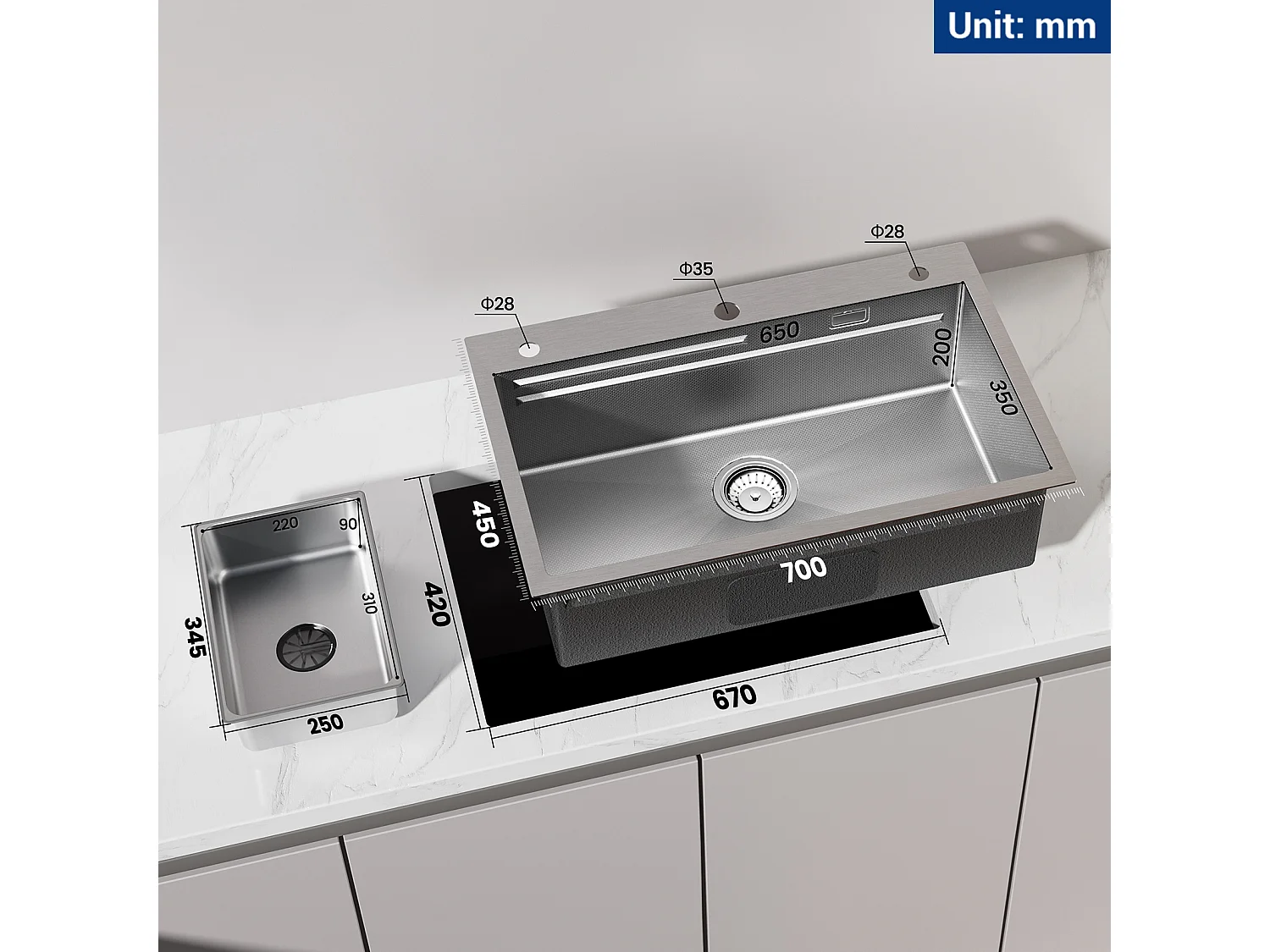 Évier 1 Bac 70×45×21.5CM Évier Inox Argent avec Egouttoir,Vasque, Distributeur de Savon + Mitigeur de Cuisine en Inox Noir