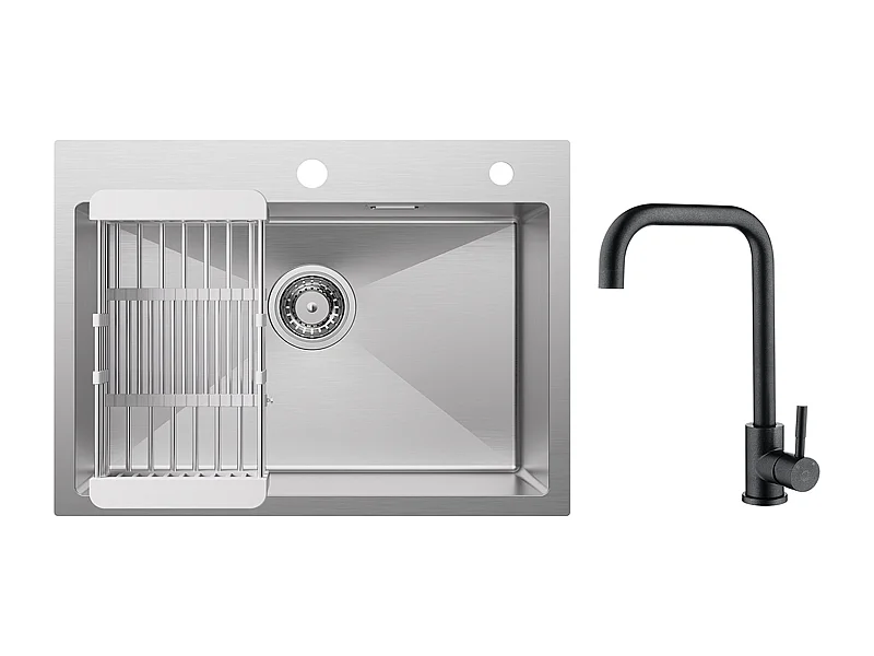 Évier Cuisine 1 Bac 60×45×18CM Évier Inox Brossé avec Panier de Drainage + Mitigeur de Cuisine en Inox Noir étoilé avec Bec Haut et Incurvé