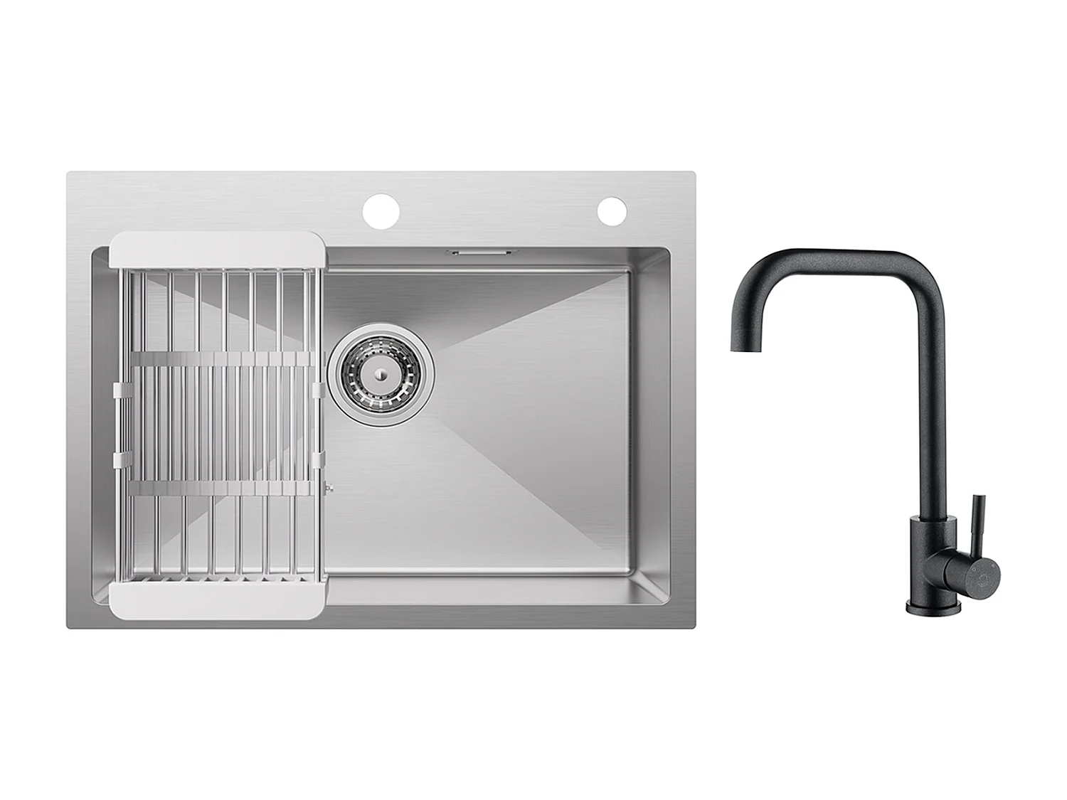 Évier Cuisine 1 Bac 60×45×18CM Évier Inox Brossé avec Panier de Drainage + Mitigeur de Cuisine en Inox Noir étoilé avec Bec Haut et Incurvé