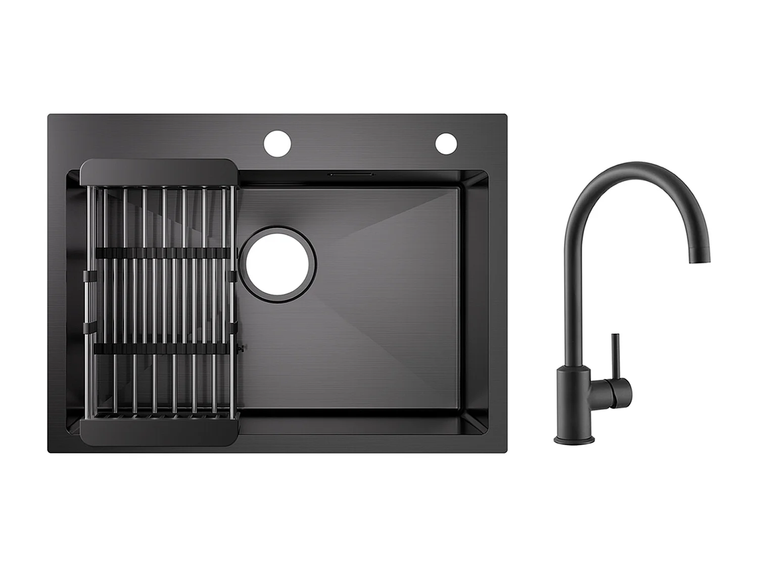 Évier Cuisine 1 Bac 60×45×18CM Évier Inox Noir avec Panier de Drainage + Mitigeur de Cuisine en Inox Noir