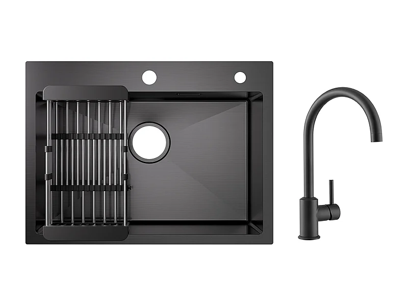 Fregadero de cocina de 1 seno, fregadero de acero inoxidable negro de 60×45×18CM con cesta de drenaje + grifo mezclador de cocina de acero inoxidable negro