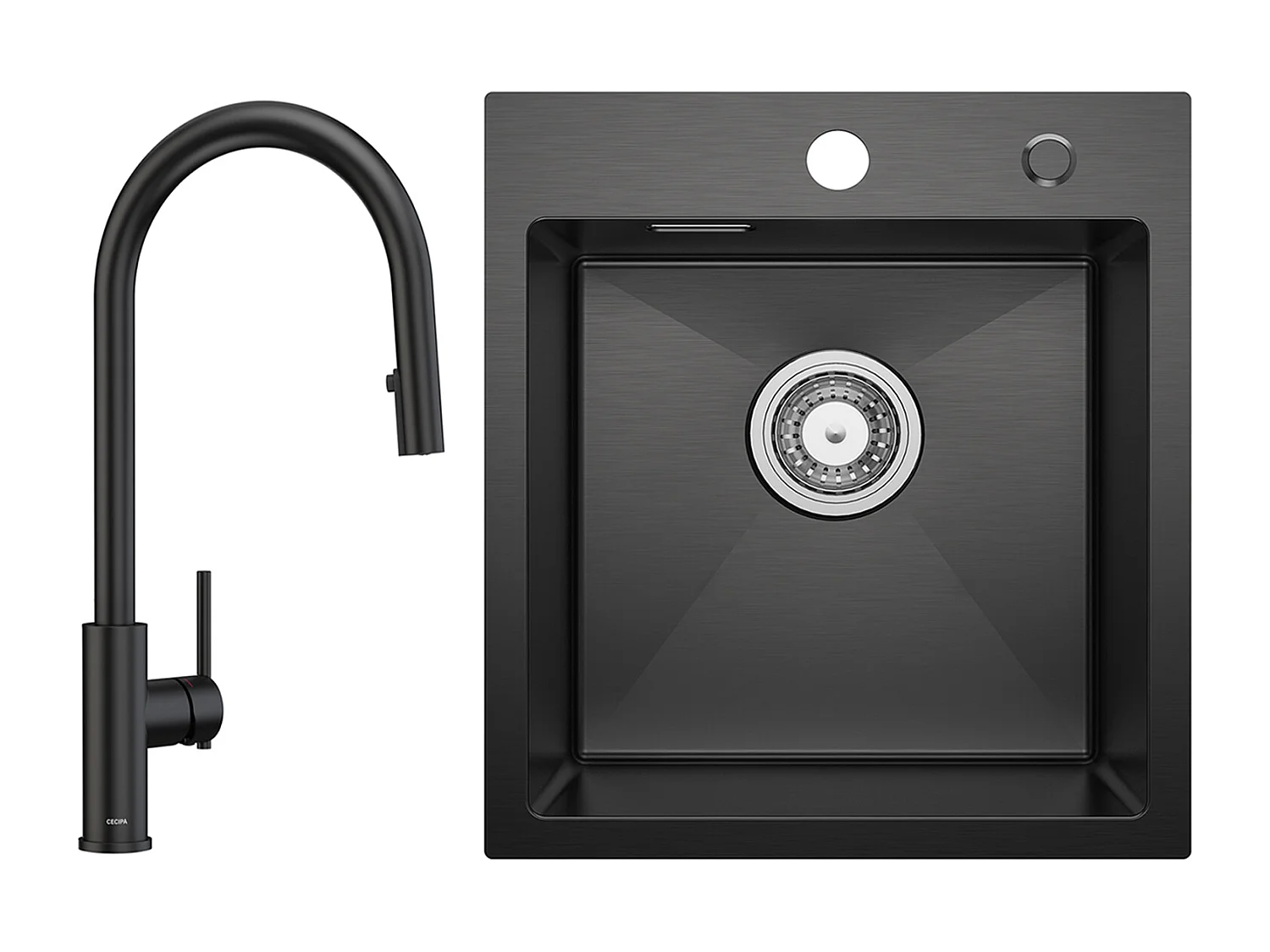 CECIPA MAX zwarte keukenspoelbak 40*45CM - roestvrijstalen spoelbak 1 spoelbak + keukenmengkraan met uittrekbare spray, 2 waterafvoermodi, zwart