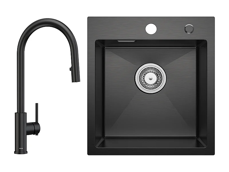 CECIPA MAX zwarte keukenspoelbak 40*45CM - roestvrijstalen spoelbak 1 spoelbak + keukenmengkraan met uittrekbare spray, 2 waterafvoermodi, zwart