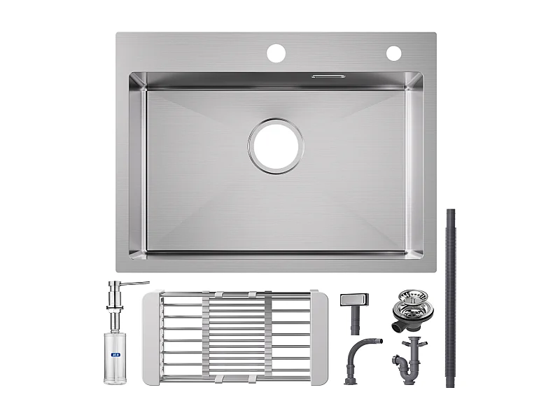 Cecipa max Évier Cuisine 1 Bac 60×45×18CM Évier Inox Brossé avec Panier de Drainage + Distributeur de Savon de Cuisine Brossé avec Récipient de 300ML