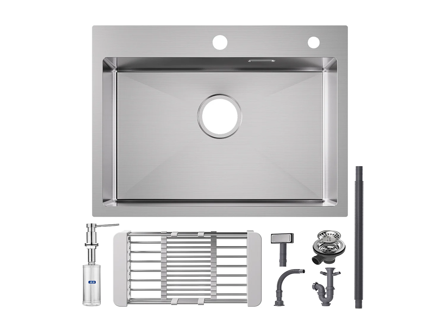 Cecipa max Évier Cuisine 1 Bac 60×45×18CM Évier Inox Brossé avec Panier de Drainage + Distributeur de Savon de Cuisine Brossé avec Récipient de 300ML