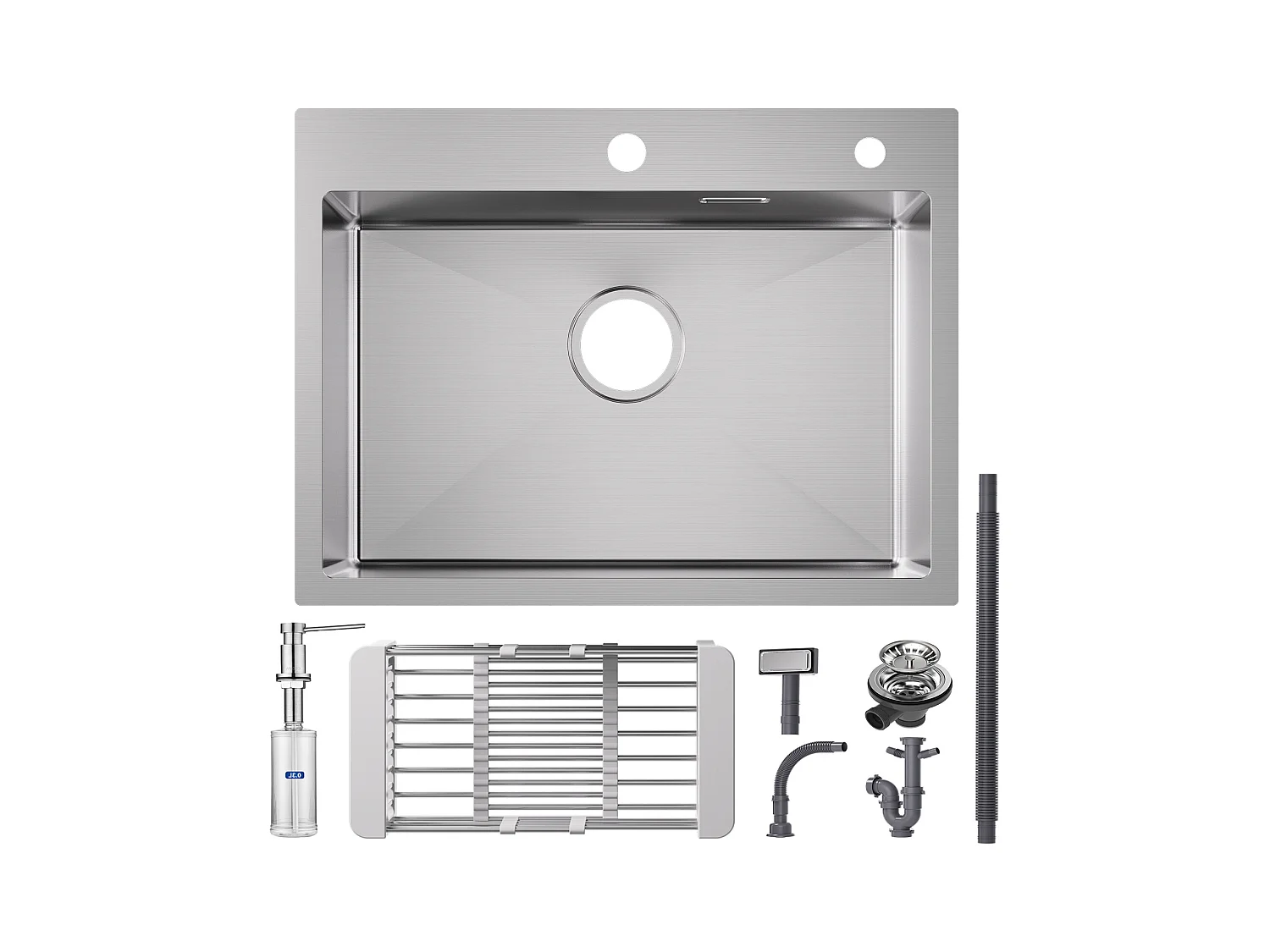 Cecipa max Évier Cuisine 1 Bac 60×45×18CM Évier Inox Brossé avec Panier de Drainage + Distributeur de Savon de Cuisine Brossé avec Récipient de 300ML