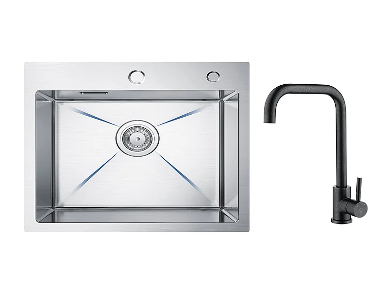 CECIPA MAX Einzelspüle, 50×45×18,5 cm, Spüle aus gebürstetem Edelstahl + Küchenmischbatterie aus Edelstahl in Sternschwarz mit hohem, gebogenem Auslauf