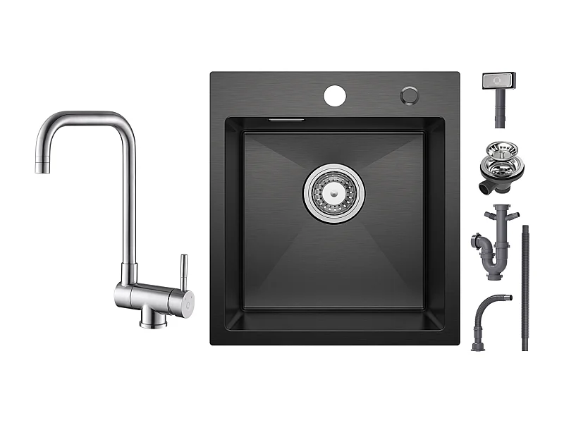 Cecipa max 1 spoelbak zwart 40*45*19CM - RVS spoelbak 1 bak + opvouwbare keukenkraan Opvouwbare roestvrijstalen spoelbakmengkraan voor geborsteld raam