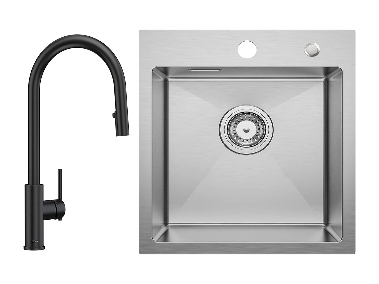 Évier de Cuisine 1 Bac 40 × 45 cm Évier Inox Évier Encastré Brossé + Mitigeur de Cuisine Avec Douchette Extractible, 2 Modes de Sortie D'eau, Noir