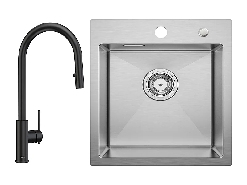 Évier de Cuisine 1 Bac 40 × 45 cm Évier Inox Évier Encastré Brossé + Mitigeur de Cuisine Avec Douchette Extractible, 2 Modes de Sortie D'eau, Noir