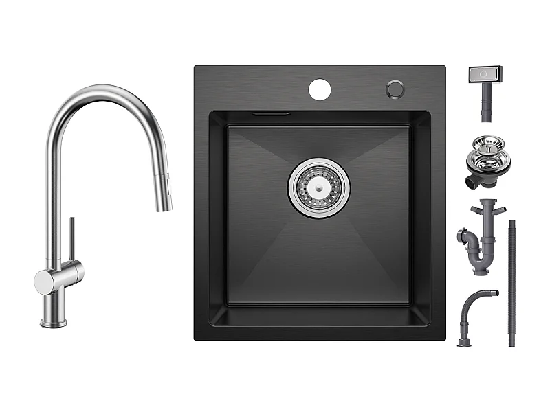 Cecipa max 1 Becken schwarze Küchenspüle 40*45*19CM - 1 Becken Edelstahlspüle + Küchenmischbatterie mit ausziehbarer Brause, Wasserhahn aus gebürstetem Edelstahl