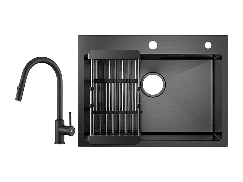 Cecipa max 1 Lavello Inox con Cestello Scarico - Nero Lavello Cucina 60×45×18 cm + Miscelatore con Doccetta Estraibile Girevole 360° Nero