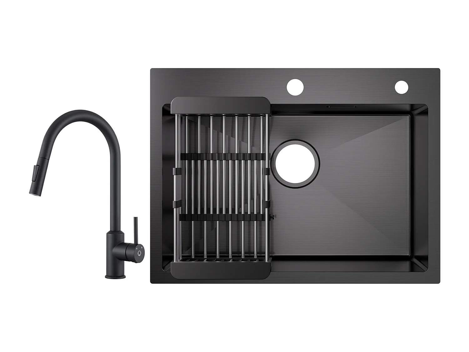 Cecipa max Évier 1 Bac Inox avec Panier de Drainage - Évier de Cuisine Noir 60×45×18 cm + Mitigeur avec Douchette Extractible Rotatif à 360 ° Noir