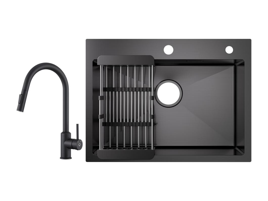 Cecipa max 1 Becken Edelstahlspüle mit Abtropfkorb - Schwarze Küchenspüle 60×45×18 cm + Mischbatterie mit 360° drehbarer Ausziehbrause Schwarz